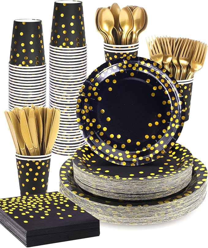 Lzerking 364 PCS Black and Gold Party Supplies, 52 Sets of Disposable Dinnerware Includes Paper Plates Cups Napkins, Plastic Knives Forks Spoons, Ideal for Birthday Graduation Wedding Festivals