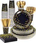 Lzerking 364 PCS Black and Gold Party Supplies, 52 Sets of Disposable Dinnerware Includes Paper Plates Cups Napkins, Plastic Knives Forks Spoons, Ideal for Birthday Graduation Wedding Festivals