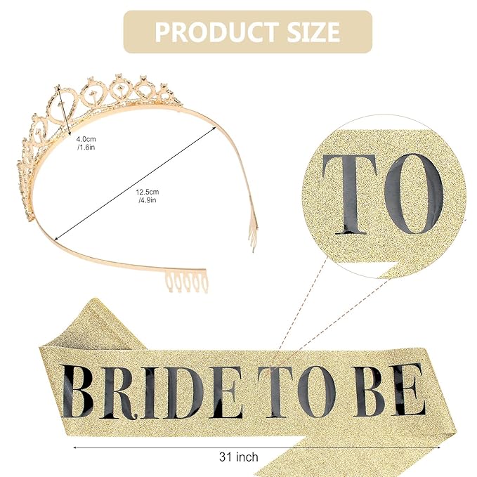 CIEHER Bride To Be Decorations - Gold Crown & Bride Tiara, Bridal Shower & Bachelorette Party Decorations