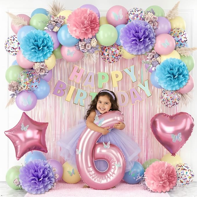 Pastel 6th Birthday Party Decorations for Girls Number 6 Balloon Happy Birthday Banner Butterfly Stickers Fringe Curtain Paper Pom Poms Macaron Pink Star Heart Foil Colorful Balloons 6 Year Old Decor
