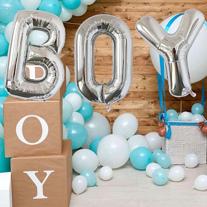 KALOR 40 Inch Silver Letter BOY Balloons Jumbo Foil Mylar Helium Big Balloons for Boy Birthday Baby Boy Shower Party Decorations
