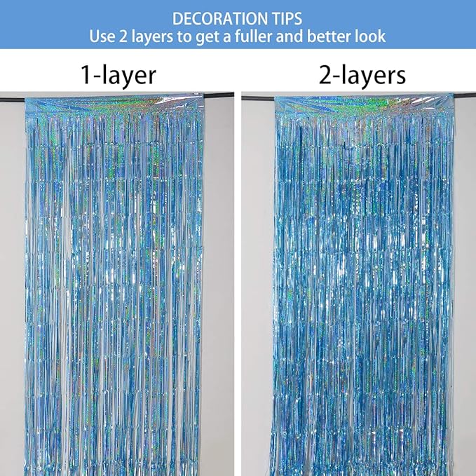 Foil Fringe Curtains Easter Decorations for Home - Melsan 3 Pack 3.2 x 8.2 ft Tinsel Curtain Party Photo Backdrop for Birthday Party Baby Shower or Graduation Decorations Light Blue
