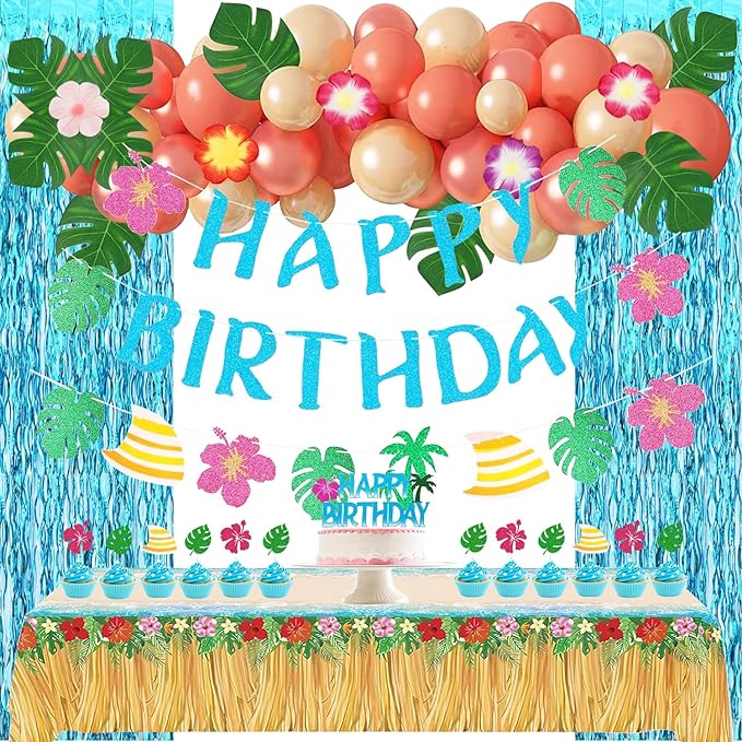 Hawaiian Party Decorations Set - Balloons, Cake Topper, Cupcake Toppers, Banner, Table cloth, Foil Curtains, Tropical Party Decorations