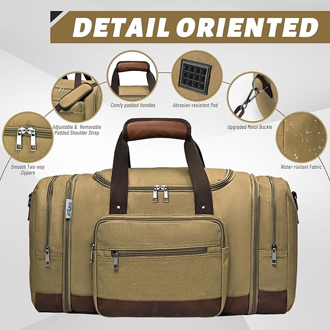 Wolhbege Duffle Bag for Travel,Mens Travel Bag & Carry On Bag for Men with Expandable Design and Luggage Sleeve –Duffel Bag for Gym, Weekender,Canvas,Overnight Trips Khaki