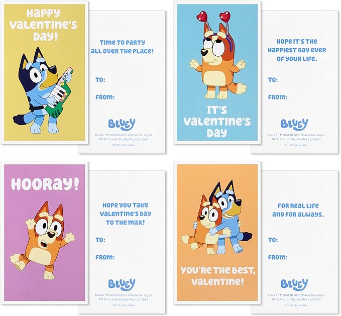 Hallmark Bluey Valentines Day Cards for Kids with Pop Up Mailbox for Classroom Exchange (1 Box, 32 Cards, 35 Stickers, 1 Teacher Card)