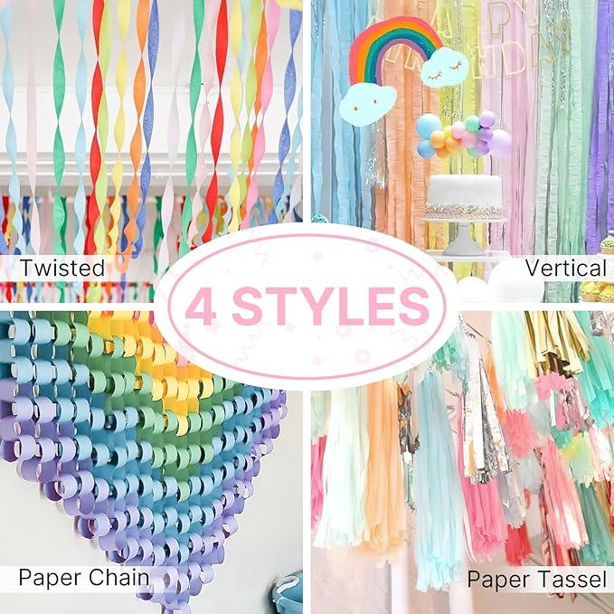 PartyWoo Pastel Crepe Paper Streamers 4pcs 328ft Pack of Pastel Rainbow Colorful Crepe Paper Streamers for Graduation Baby Shower Unicorn Easter Safari Spring Rainbow Theme Birthday Party Decorations