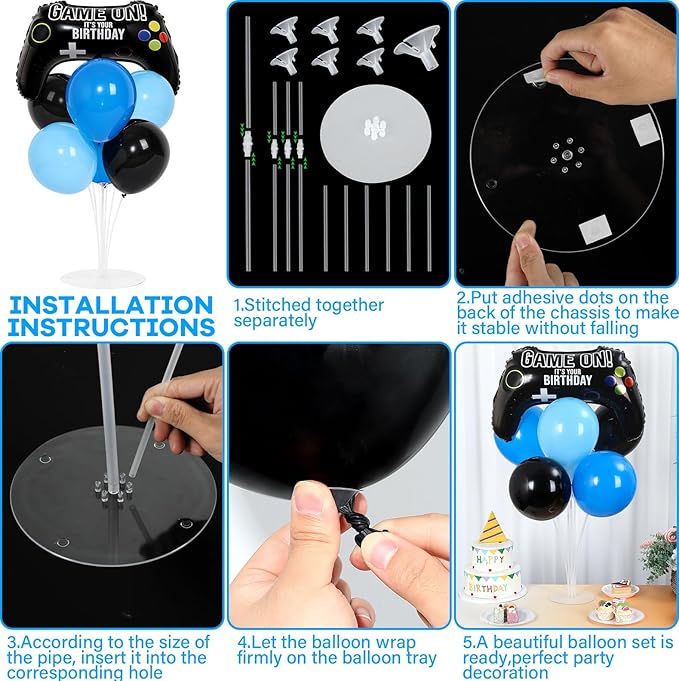4 Sets Video Game Birthday Party Balloons Stand Kit with Game Handle Foil Balloons Black Blue Party Ball Balloon Centerpiece for Tables for Boy Girl Video Gamer Gaming Birthday Baby Shower Decoration
