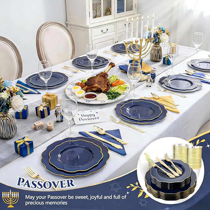 NOCCUR 175PCS Blue Plastic Plates with Disposable Silverware - Include 50 Blue Disposable Plates with Gold Rim,75 Gold Cutlery,25 Cups,25Napkins for Party/Wedding/Passover