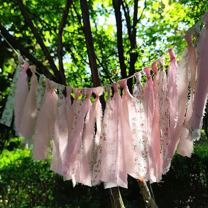 Pink Floral Tsaasel Garland for Wedding Spring Tea Party Haning Chiffon Tassel Banner Table Decor