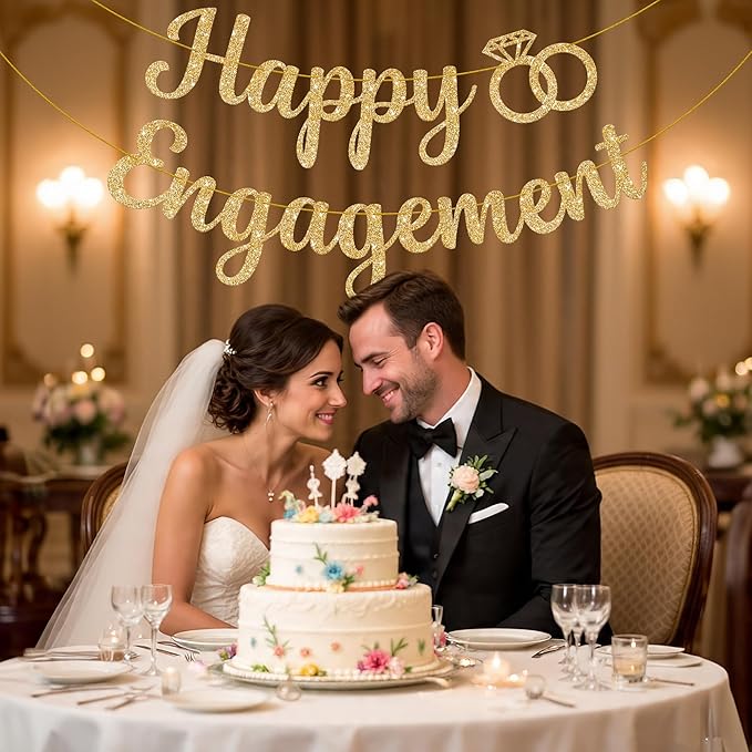 KatchOn, Gold Glitter Happy Engagement Banner - 10 Feet, No DIY | Engagement Party Decorations | Party Banner | Engaged Banner, Bachelorette Party Decorations
