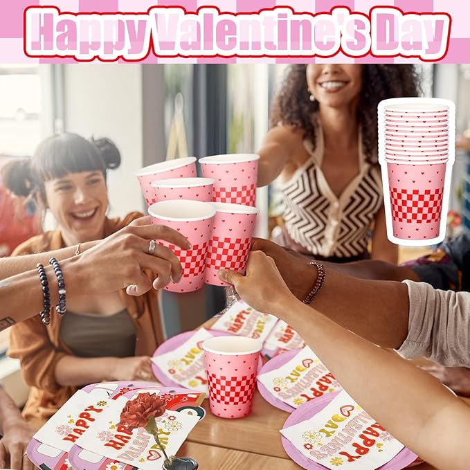 Zhehao 96 Pcs Groovy Valentine's Day Party Supplies Set for 24 Guests Pink Smile Face Plates 9 oz Cups Napkins Pink and Red Groovy Hippie Valentine's Day Party Decorations