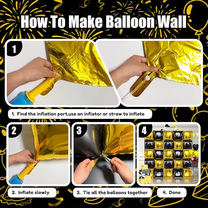 36PCS Square Foil Balloon Wall Backdrop,19 inch Double-Sided Metallic Balloons for Party,Wedding,Anniversary,Birthday,Graduation,Halloween,Shiny Balloon Decor (Gold-Black)