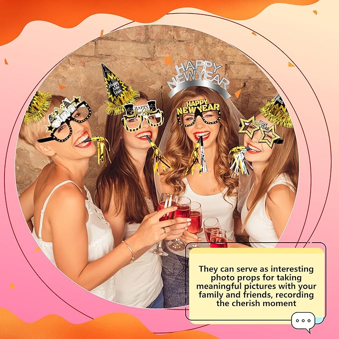 48 Pack Happy New Year Party Favor Set with New Year Headband Paper Eyeglasses Cone Hats and Glitter Fringed Noisemakers for New Year Eve Party Favors