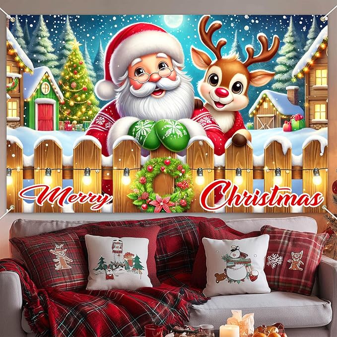 Merry Christmas Santa Reindeer Banner 71x43 Inches Merry Christmas Tree Scene Banner Holiday Photography Background Indoor Outdoor Seasonal Party Wall Decoration Winter Backdrop