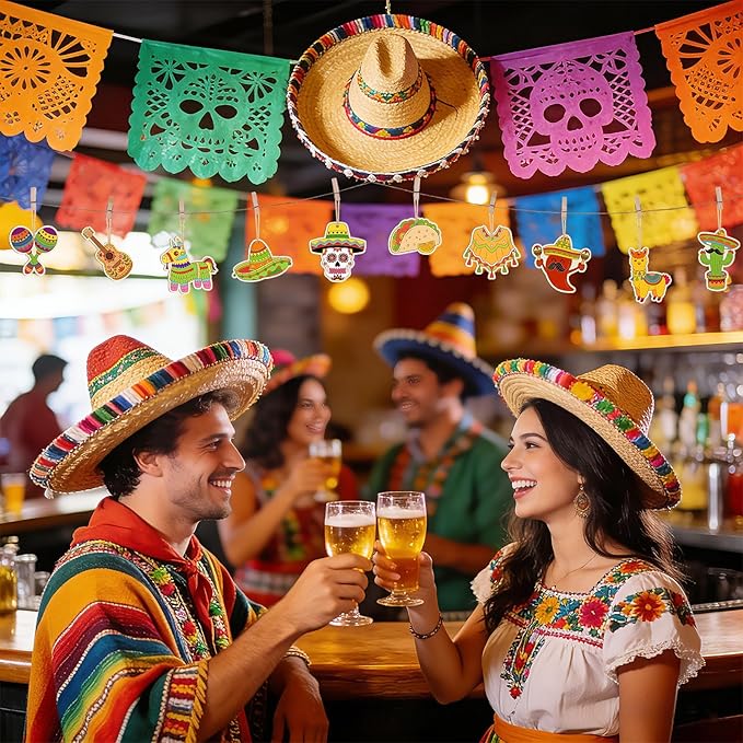 36PCS Wooden Cinco De Mayo Crafts Decorations Mexican Fiesta Party Ornaments to Paint, 12 Styles DIY Blank Unfinished Wood Cutouts for Tree Hanging Mexican Theme Carnival Taco Birthday Party