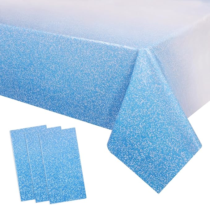 Kesfey 3 Packs Ombre Blue Plastic Tablecloth 54 x 108 Inch Gradient Pastel Blue Table Cloths Rectangle Disposable Royal Blue Sprinkle Glitter Table Covers for Birthday Baby Shower Party Decorations