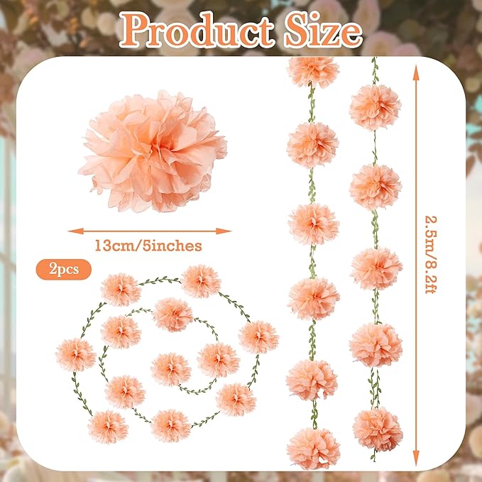 XIANNVXI Pink Tissue Paper Pom Pom Garlands Artificial Flowers Hanging Decorations 8.2ft Hanging Flowers Garland for Wedding Birthday Bridal Shower Party Spring Decorations 2PCS（Lotus Root Pink）