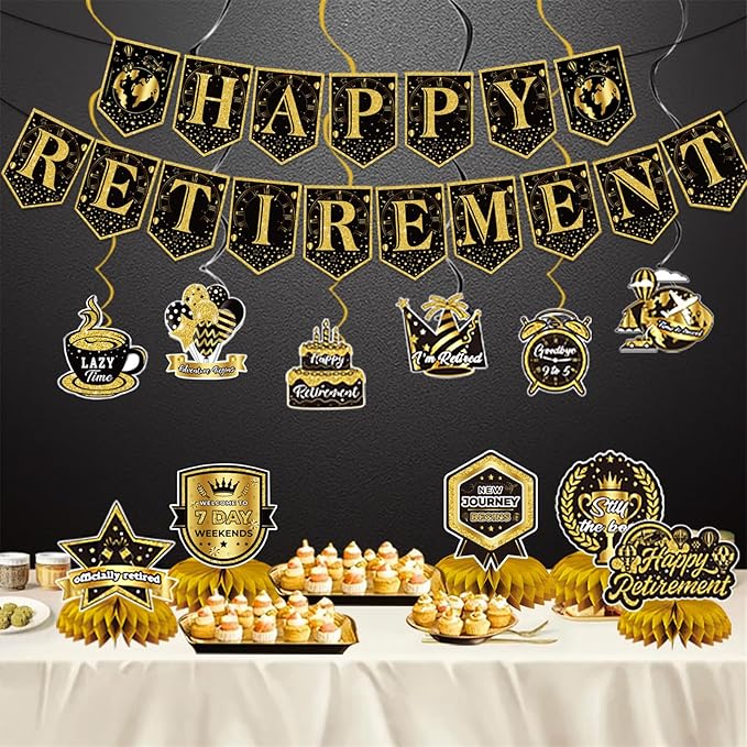 12Pcs Retirement Party Decorations for Men Women Black Gold Happy Retirement Banner Honeycomb Centerpiece Swirls Party Supplies Retired Farewell Party Set Work Graduation Party Decorations