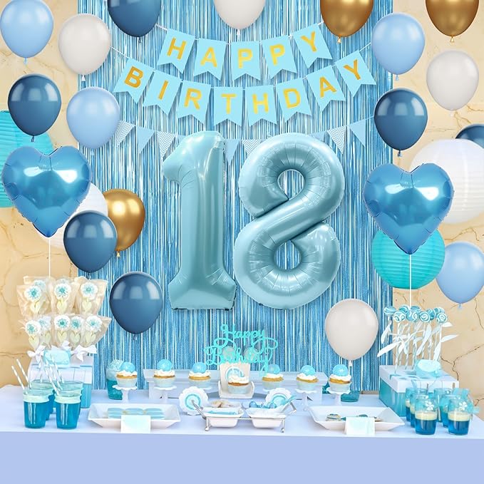 18th Birthday Decorations Blue White Gold,18th Birthday Balloons with Happy Birthday Banner Fringe Curtain Heart Foil Balloons for Boys Girls 18 Year Old Birthday Decor