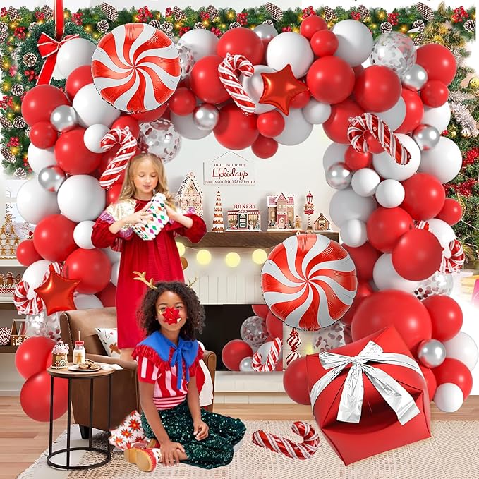 144Pcs Xmas Balloons Arch Kit Christmas Decorations of Candy Cane Red Windmill Stars Gift Box Foil Balloons, Silver Confetti and Red White Balloon Garland Arch for Holiday Xmas Party Decor