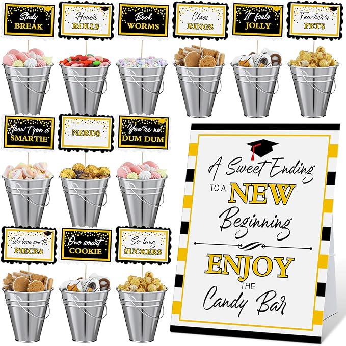 12 Set 2026 Graduation Candy Buffet Party Decoration Graduation Table Candy Bar Snack Labels Signs and 5'' Buckets with Handle for Class of 2026 Party Parties Supplies(Plaid Border Style,Silver)