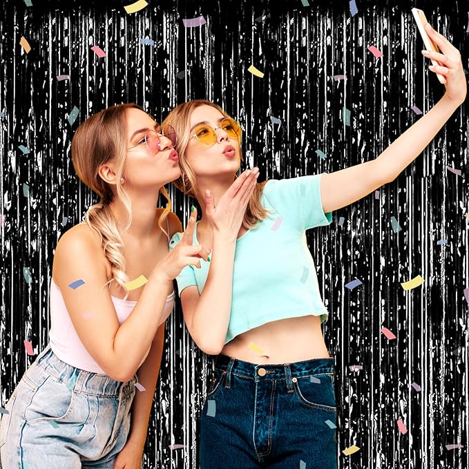 3 Pack Black Foil Fringe Curtain Backdrop, 3.28Ft x 6.6Ft Metallic Tinsel Foil Fringe Streamer Curtains for Photo Booth, Christmas Day, Thanksgiving, Wedding, New Year Party Decorations