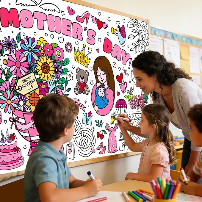Mother's Day Giant Coloring Poster for Kids,30x72Inch Birthday Gift Drawing Paper Coloring Tablecloth DIY Art Crafts Mat,for Kids Party Mother's Day Themed Activity Wall Home Classroom Party Suppiles