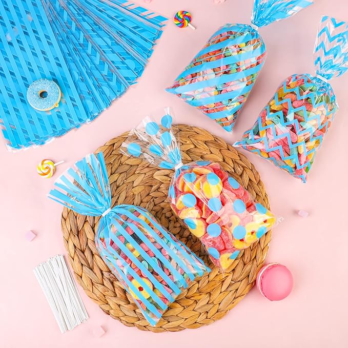 Aodaer 100 Pieces 10.6 x 5.1 In Blue Cellophane Bags Plastic Candy Bags Cellophane Treat Bag Polka Dot Stripes Printed Pattern Goodie Gift Bag with Twist Ties for Birthday, Baby Showers, Weddings Party Supplies