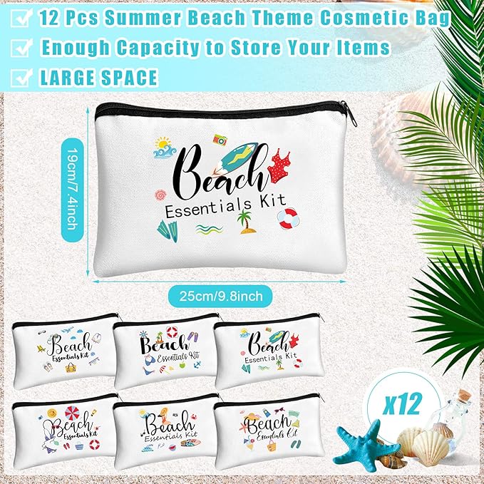 Chunful 12 Pcs Makeup Bag Summer Themes Cosmetic Bag Bulk Portable Essentials Kit Survival Kit Flamingo Palm Leaves Cosmetic Pouch with Zipper for Women Travel Accessories(Beach)