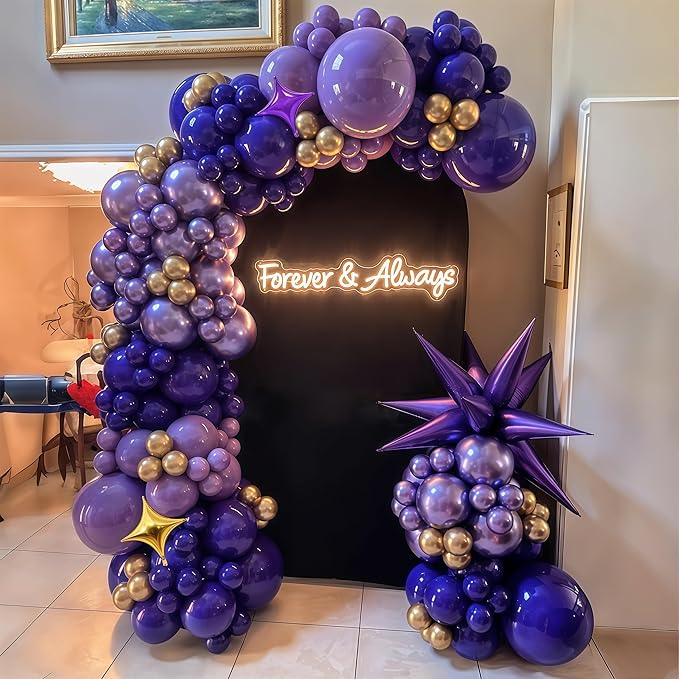 Purple and Gold Balloon Arch Kit Graduation Decorations 2026, 110Pcs Purple Balloon Garland with Explosion Foil Star Metallic Dark Violet Lavender Lilac Birthday Party Balloons for College School Prom