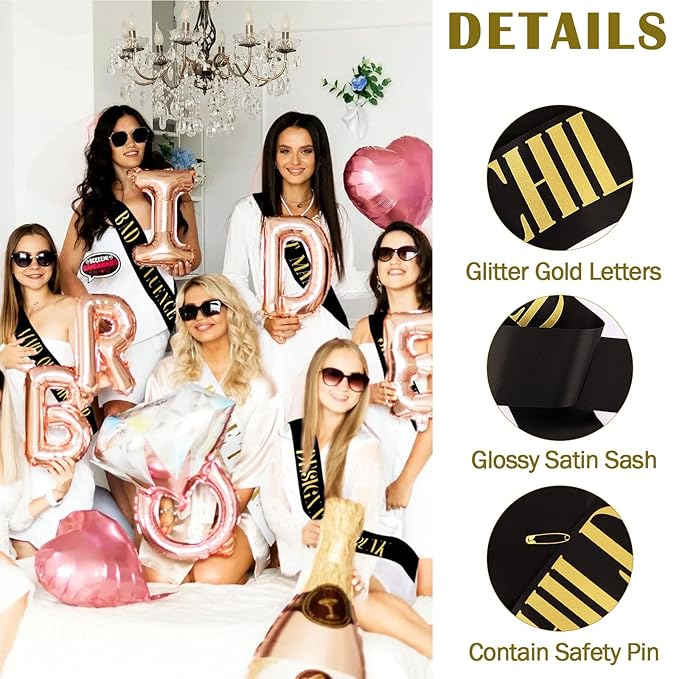 18 Piece Bachelorette Party Sashes Set - 1 White Bride Sash & 17 Black Bridesmaid Sashes with Gold Lettering, Pre - Wedding Bridal Shower Favors