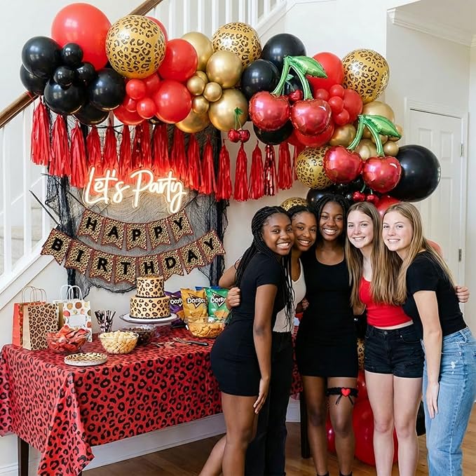 120Pcs Red Black Gold Balloon Garland Arch Kit with Leopard Print Balloons, Cherry Foil Balloons, Happy Birthday Banner for Girl Night Bachelorette Glamour Party Casino Birthday Party Decoration