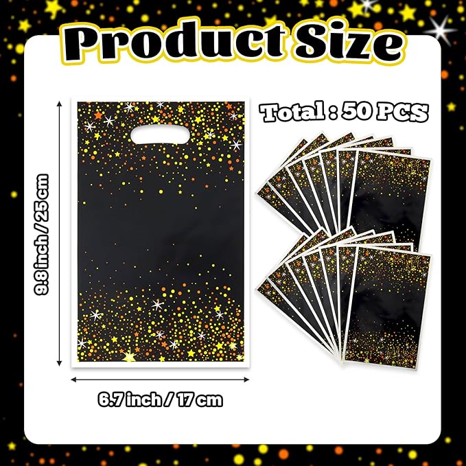 50 PCS Black and Gold Party Favor Gift Bags, Plastic Bags with Handles,Candy Snack Cookie Bags, Party Gift Bags Bulk for New Year Christmas Party Favors Supplies Graduation Decorations Baggies