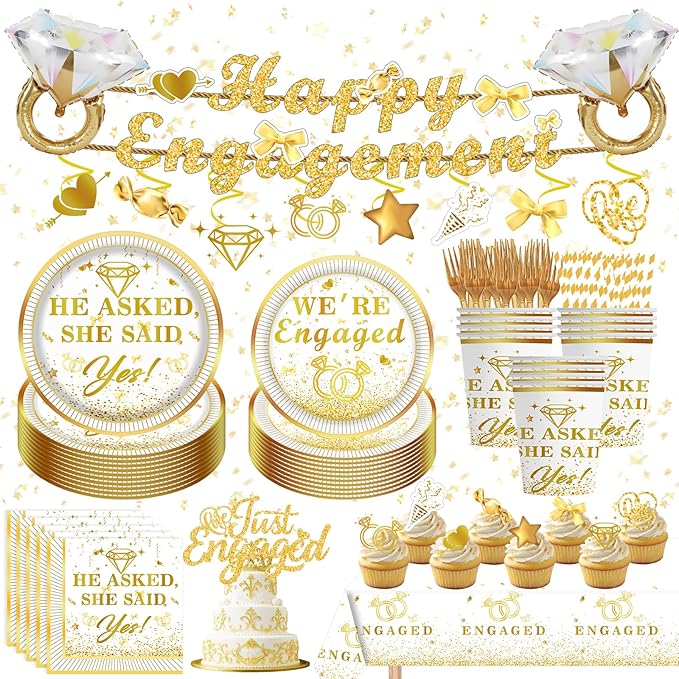 141PCS Engagement Party Decorations, Happy Engagement Banner Ring Foil Balloons He Asked She Said Yes Disposable Dinnerware with 1 Pcs Tablecloth, Wedding Proposal Decorations