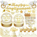 141PCS Engagement Party Decorations, Happy Engagement Banner Ring Foil Balloons He Asked She Said Yes Disposable Dinnerware with 1 Pcs Tablecloth, Wedding Proposal Decorations