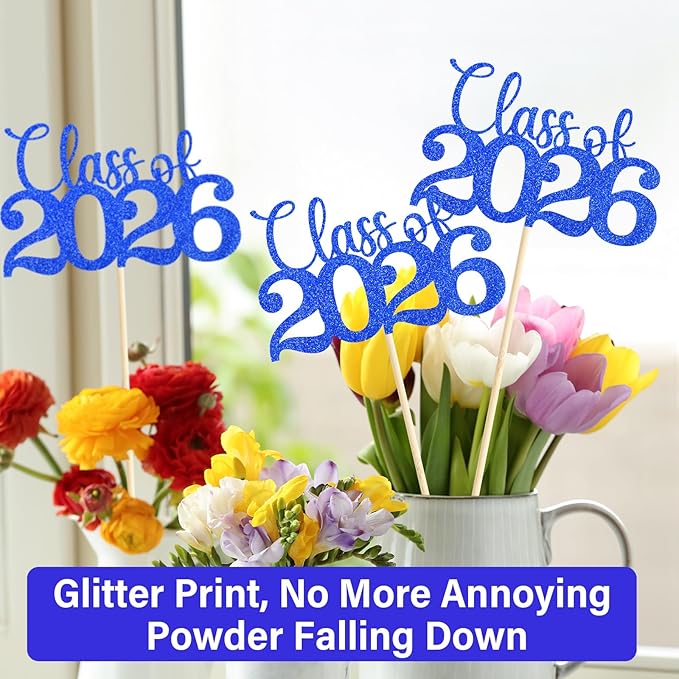 2026 Graduation Decorations, 12Pcs Class of 2026 Graduation Centerpieces for Tables, Double Sided Table Toppers for Grad Party Supplies (Blue)