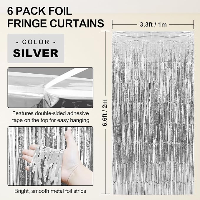 Homiest 6 Pack Silver Tinsel Backdrop, 3.3x6.6 FT Metallic Tinsel Foil Fringe Curtains Party Decorations, Birthday Door Streamers for Baby Shower Wedding, Photo Booth Props Background Wall Decor