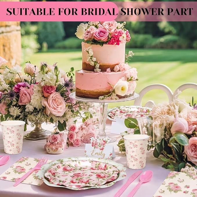 Shellwei 410 Pcs Pink Rose Tea Party Decorations Elegant Floral Paper Plates and Napkins Set Disposable Party Tableware Sets with Cups Knives Forks Spoons Seat Card Favors for 50 Guests
