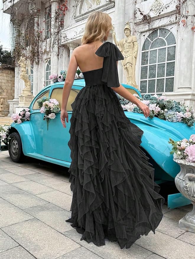 Summer Women Tulle Prom Dress Elegant Bow One Shoulder Slit Evening Party Gown Wedding Guest Bridesmaid Maxi Dress