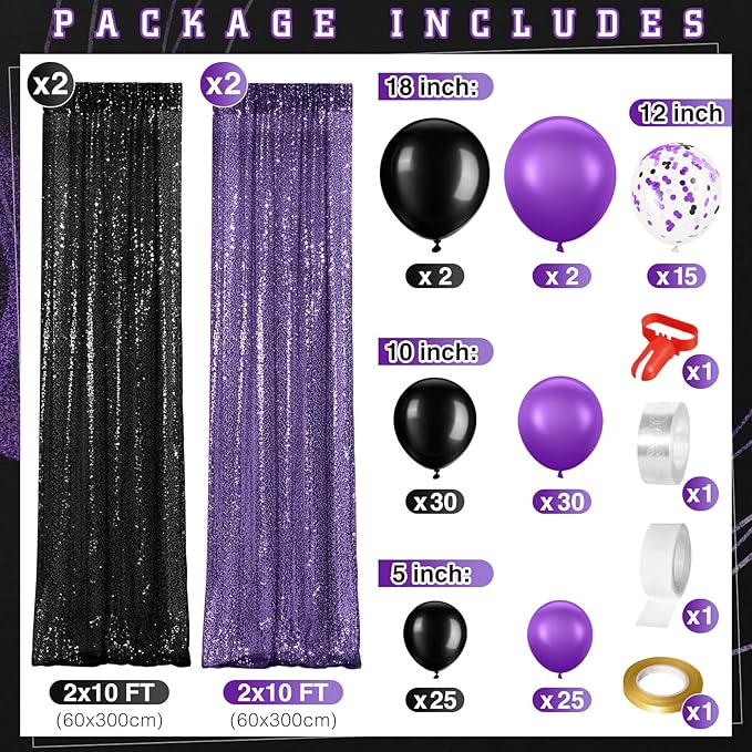 137 Pcs Purple Black Party Backdrop Kits - 4 Sequin Backdrop Curtain 133 Balloon Arch Garland Kit Photo Background for Graduation Birthday Weeding Decor