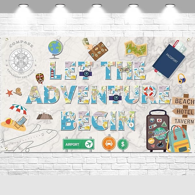 Colorful Let The Adventure Begin Backdrop Banner Photography Background for Retirement Farewell Going Away Leaving Goodbye Graduation Global Travel Theme Party Decoration Supplies 72.8*43.3in