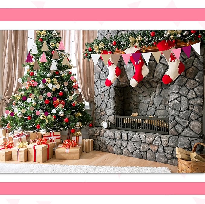 Irenare 9.8ft Pom Pom Garland Felt Rainbow Garland Graduation Party Decoration Colorful Pennant Tassel Banner Birthday Baby Shower Triangle Banner for Classroom School Mantel Fireplace(Pink)