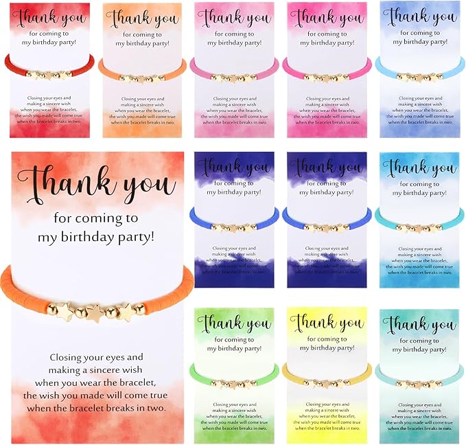 Birthday Party Favor Bracelets Beaded Rainbow Clay Bracelet with Thank You Card Gift for Birthday Party Supplies Bags Suffer with Different Themes(12 Sets,Star)
