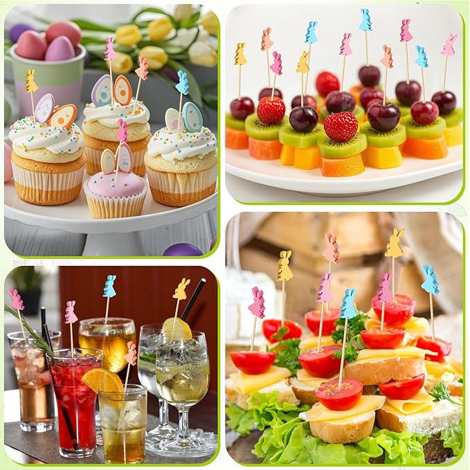 100 Pcs Easter Toothpicks, 4.72 Inch Easter Cocktail Picks for Appetizers, Long Bamboo Toothpicks, Decorative Toothpicks Skewers for Holiday Birthday Party Decorations (Easter Rabbits)