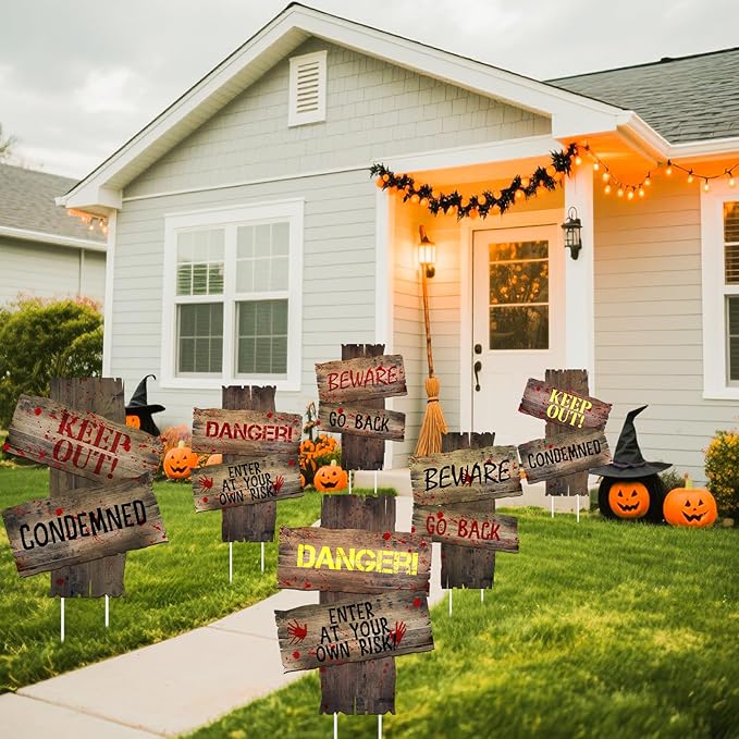 6PCS Halloween Yard Decorations Outdoor Keep Out Warning Halloween Sign Stakes Graves Lawn Bush Decorations Props Outdoor Decor for Haunted House Holiday Party Supplies