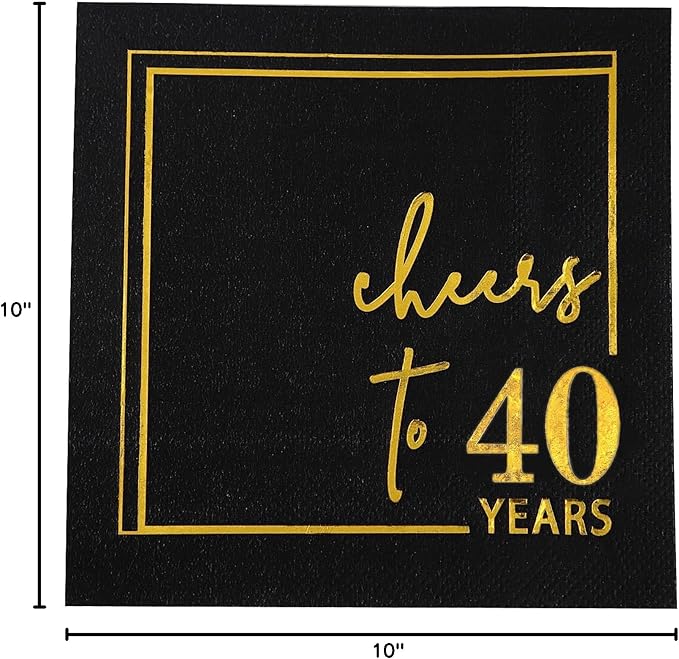 Cheers to Years Cocktail Napkins - 50PK - 3-Ply Birthday Napkins 5x5 Inches Disposable Party Napkins Paper Beverage Napkins for Birthday Decorations Wedding Anniversary Black and Gold (40 Years)