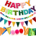 Pre-Strung Happy Birthday Banner,3D Effect Rainbow Birthday Party Decorations with Felt Garland, Pom Pom Garland, Felt Triangular Flag,Reusable Party Supplies for Kids Adults & Pets