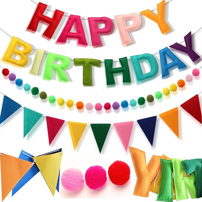 Pre-Strung Happy Birthday Banner,3D Effect Rainbow Birthday Party Decorations with Felt Garland, Pom Pom Garland, Felt Triangular Flag,Reusable Party Supplies for Kids Adults & Pets