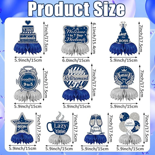 10 Pcs Retirement Party Decorations, Blue Silver Retirement Table Honeycomb Centerpieces Happy Retirement Table Topper for Men Women Happy Retirement Decorations for Party Supplies