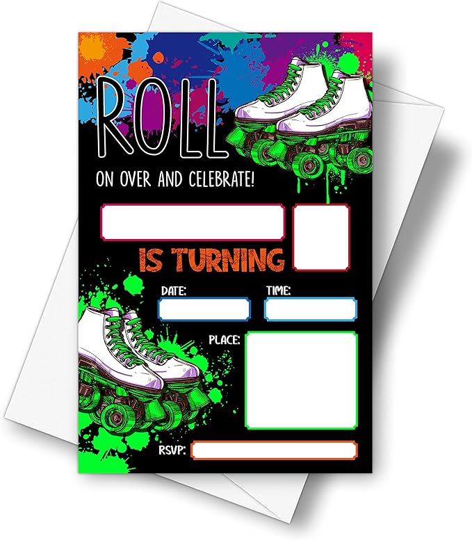 DETIHO 4" x 6" Glow Roller Skating Birthday Party Invitation Cards With Envelopes - Roll On Over And Celebrate - Neon Glow in the Dark Skate Party Invitation - 20 Sets - E20